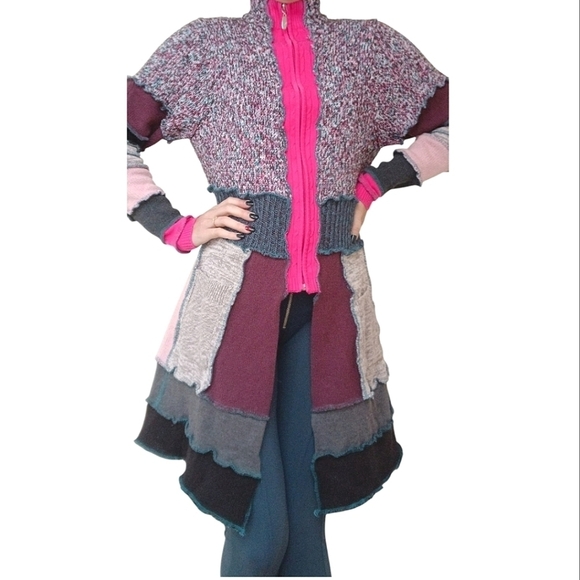 Vintage Knit Patchwork Cardigan Sweater Pink Red Gray Small - Picture 3 of 5